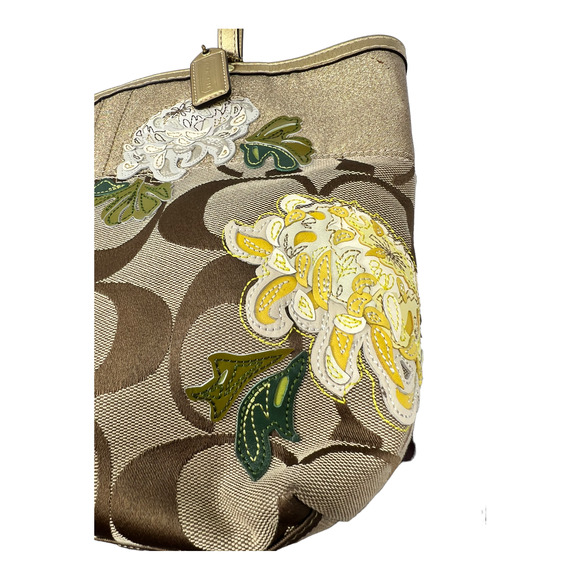 COACH Signature C Khaki Gold Leather Poppy Glam Shoulder Tote Bag 13826 - Picture 2 of 8